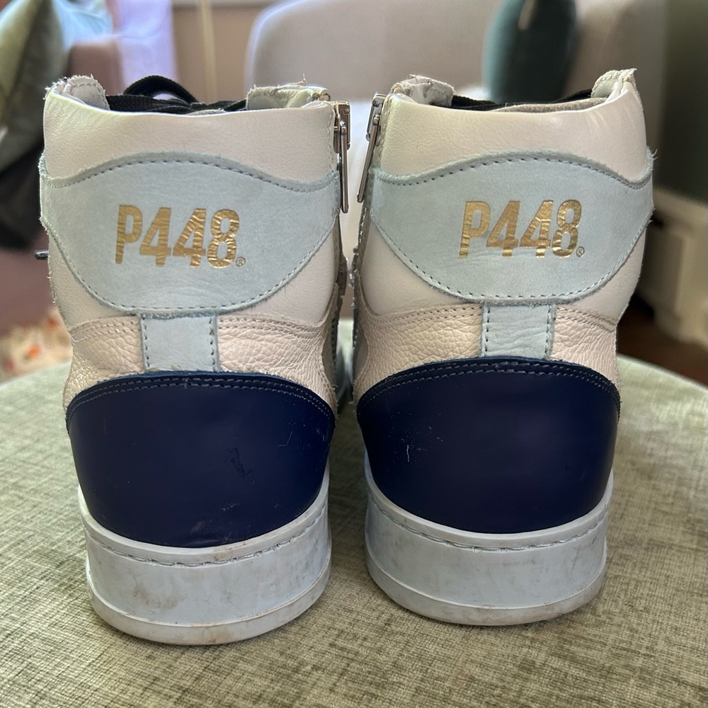 PF448 rare Bombette White and Blue High-Top Sneakers designer leather